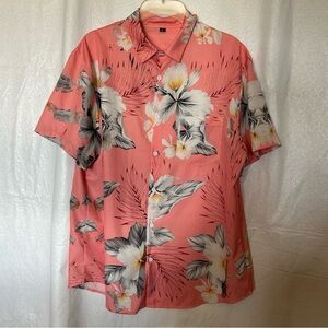 Men’s Hawaiian Floral Short Sleeve Button-Up Shirt Salmon Beach Vacay Size L